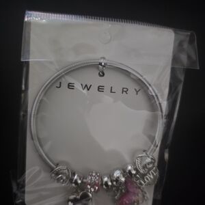 Silver-Tone Charm Bracelet with Pink Butterfly and Heart Charms